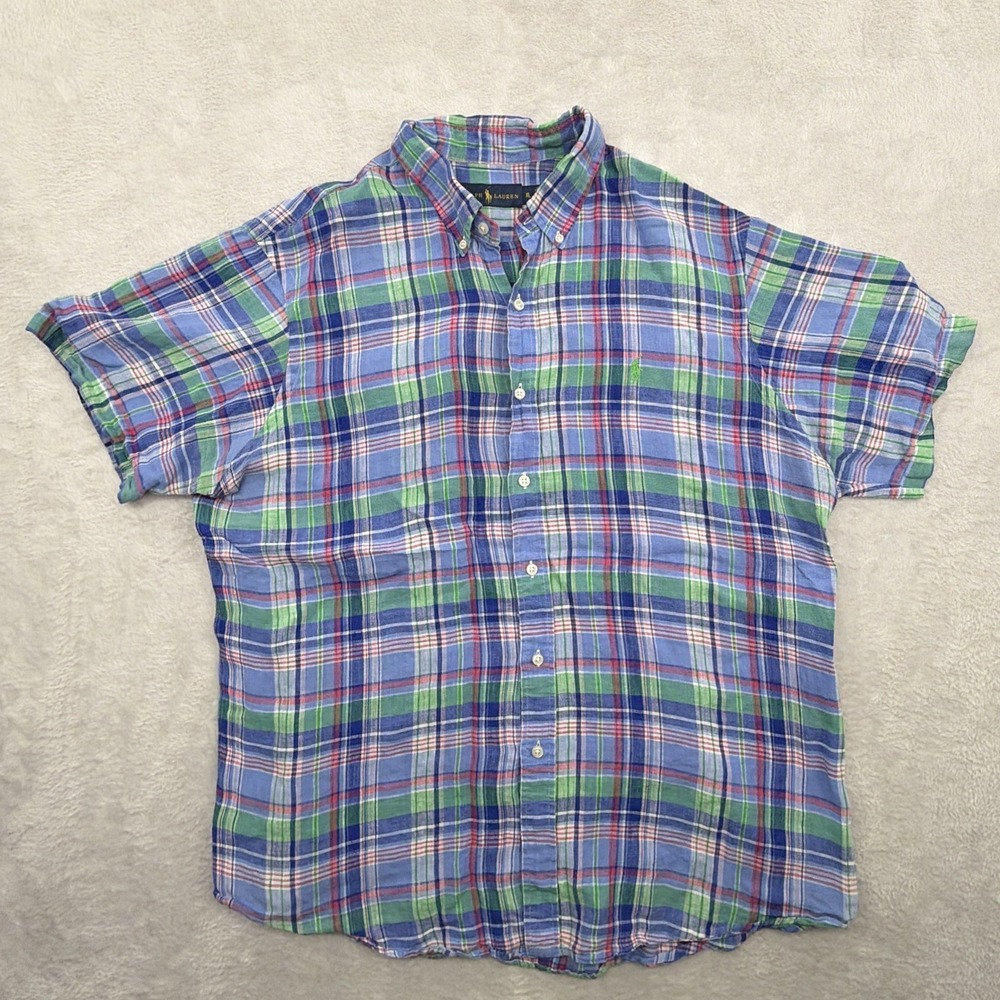 Polo Ralph Lauren Plaid Linen Shirt Short‎ Sleeve Mens Size XL Exclusive Print